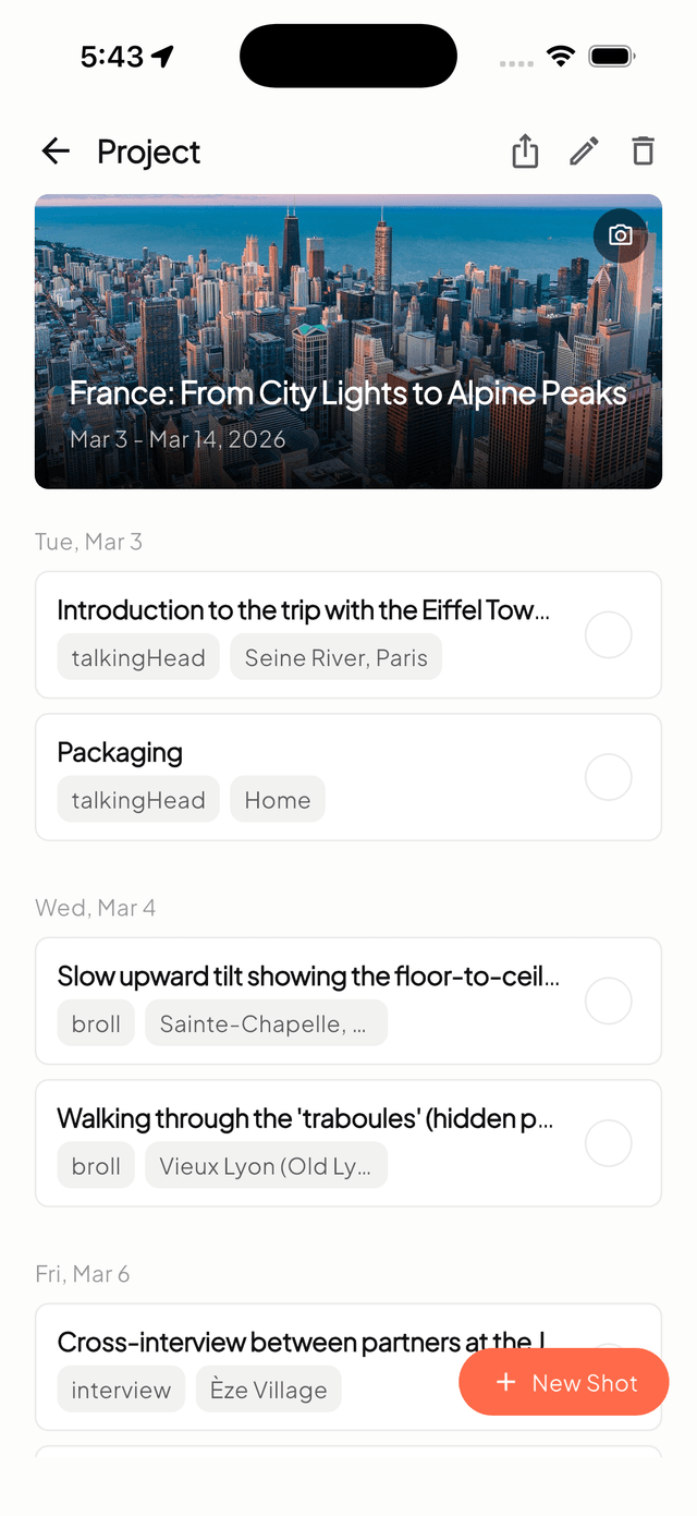 ClapList project with shot schedule