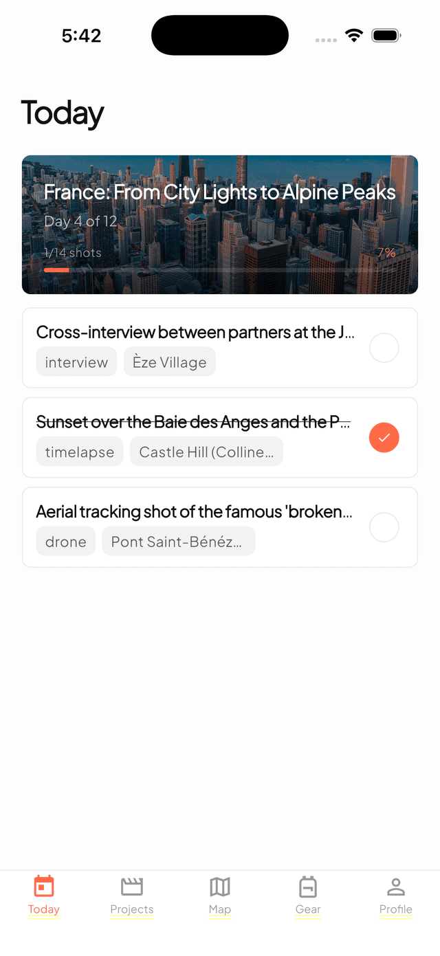 Today view showing daily shot list